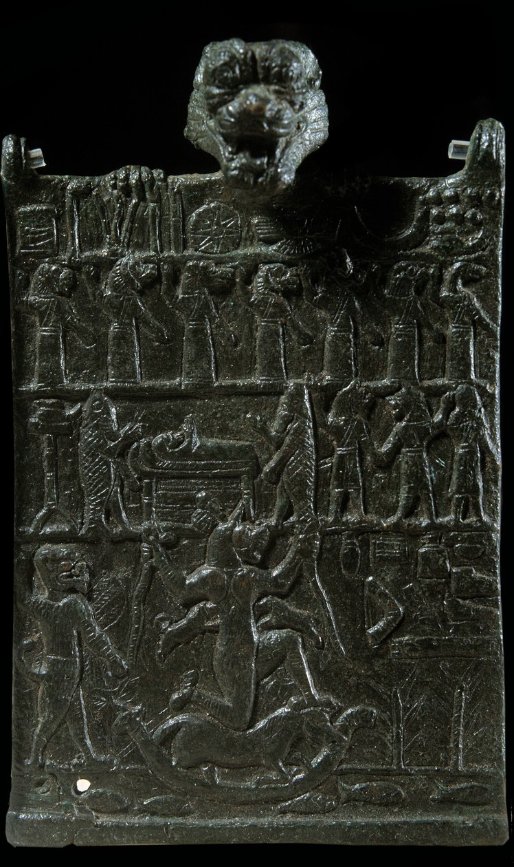 Mesopotamia: bronse-trollingsplakett mot den demoniske guddommen Lamashtu. Representasjon av en eksorcismescene. Ny-assyrisk periode (v 1000-612 f.Kr.). 750 f.Kr. Paris, Louvre-museet av Neo Assyrian Neo Assyrian