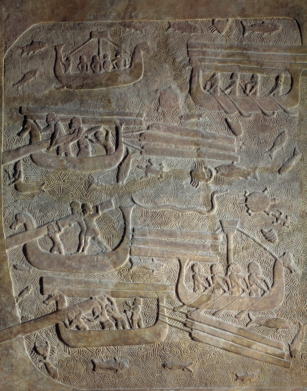 Mesopotamia i ny-assyrisk tid (rundt 1000-612 f.Kr.): "" Sjøekspedisjon, transport av tre fra Libanon langs den fønikiske kysten, lasting av båter""" 8. århundre f.Kr. Fra Khorsabad (Khunsabad) Paris, Musee du Louvre av Neo Assyrian Neo Assyrian