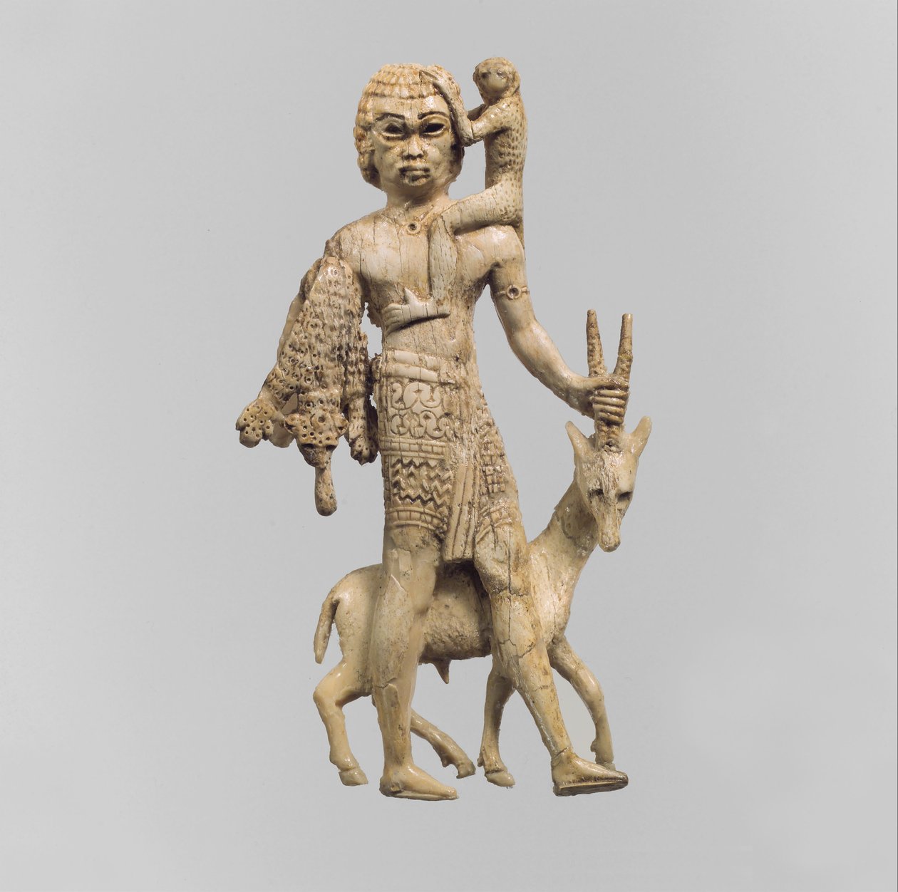 Statuett av en mann med en oryx, en ape og et leopardskinn, ca. 8. århundre f.Kr. av Neo Assyrian Neo Assyrian