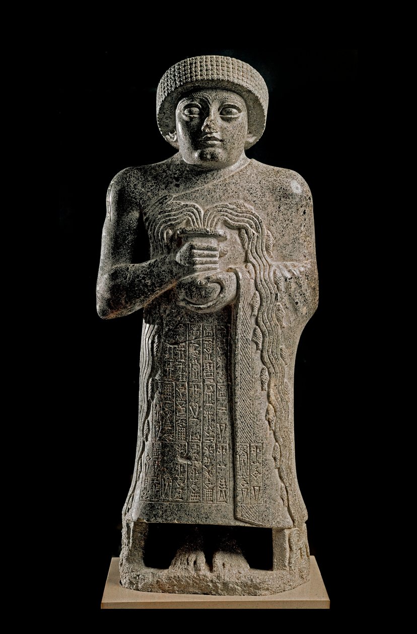 Sumerisk kunst: Detalj av statuen av Gudea, prins av Lagash kjent som "" med den fossende vasen"" og dedikert til gudinnen Geshtinanna av Neo Sumerian Neo Sumerian
