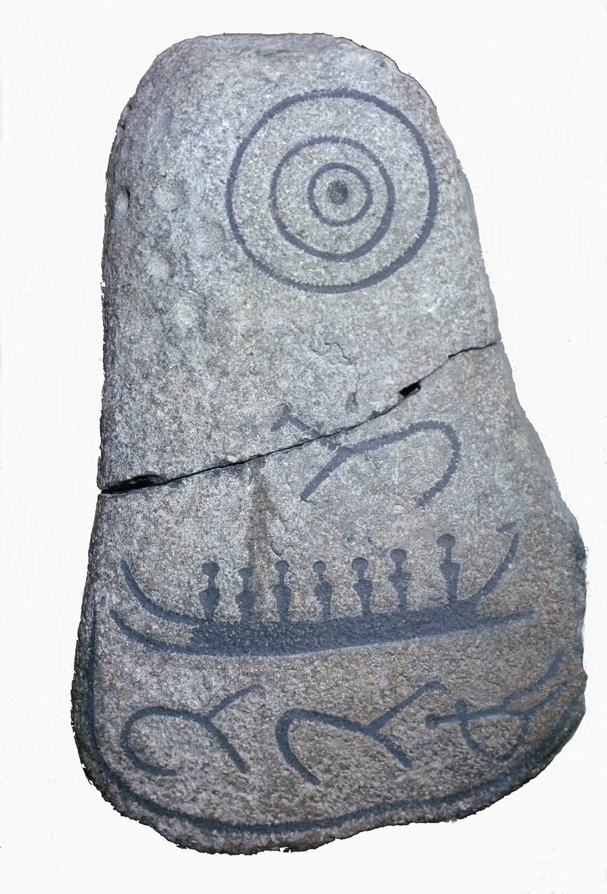 Et skip trekker på en runestein, en freske fra yngre steinalder. Københavns nasjonalmuseum. Danmark. av Neolithic Neolithic