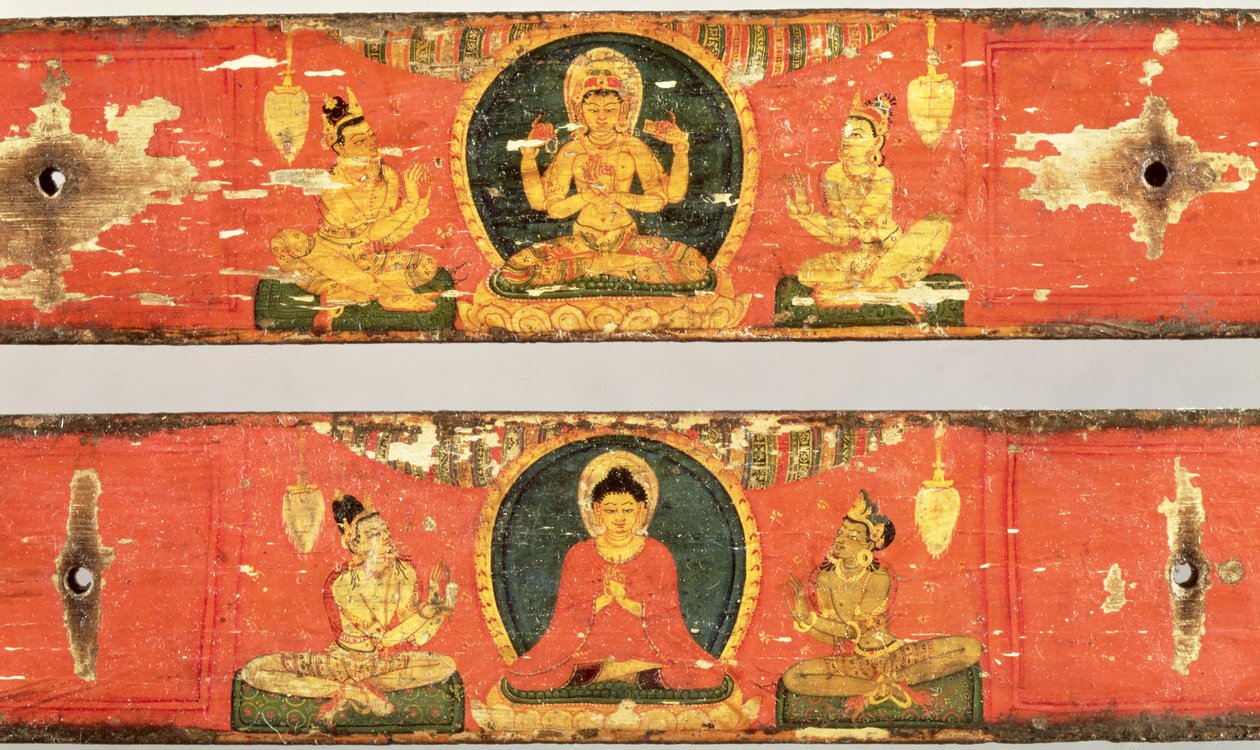 Sittende Bodhisattva (Prajnaparamita) (øverst) og Buddha omgitt av en mandorla (under) detalj fra Sutra-omslag, ca. 1100 (polykromt tre) (detalj av 114238) av Nepalese School