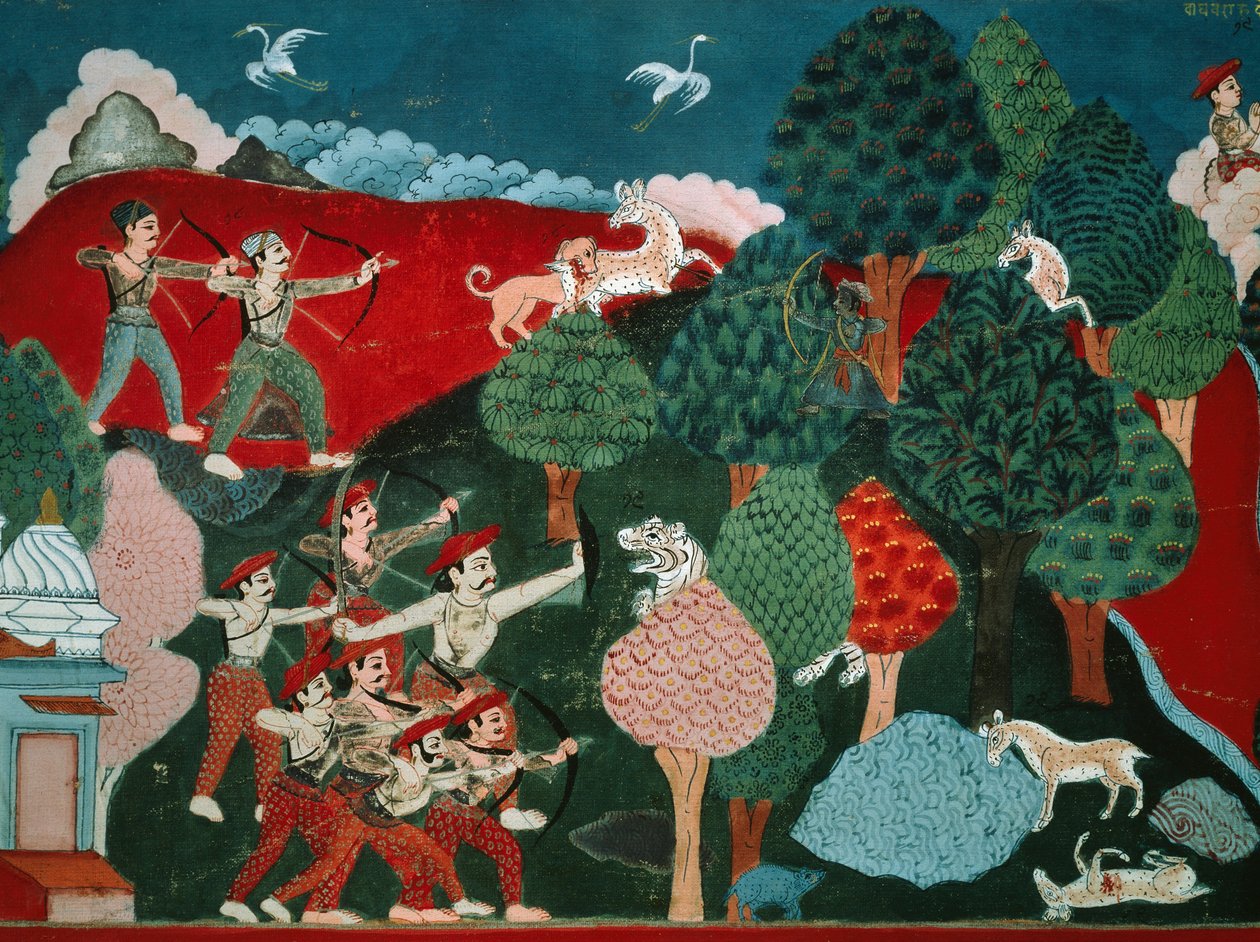 En konge som bruker dagene på å drepe fattige gaseller uten grunn, senere, i et annet liv, er han gaselle og blir drept av jeger, detalj fra Swayambhu Purana, viktig buddhistisk hellig tekst i Nepal, gouache, nepalesisk sivilisasjon av Nepalese School