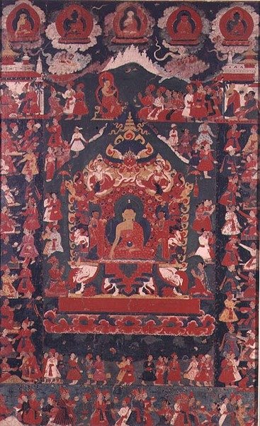 Buddha innleder praksisen med å motta almisser, fra 