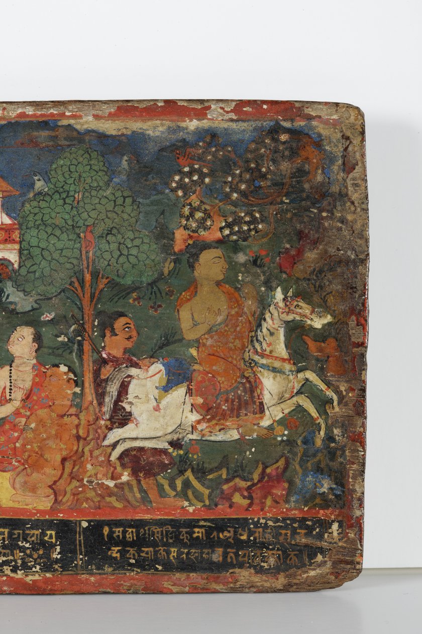 Detalj fra et buddhistisk manuskriptomslag (ugjennomsiktig akvarell på tre) av Nepalese School
