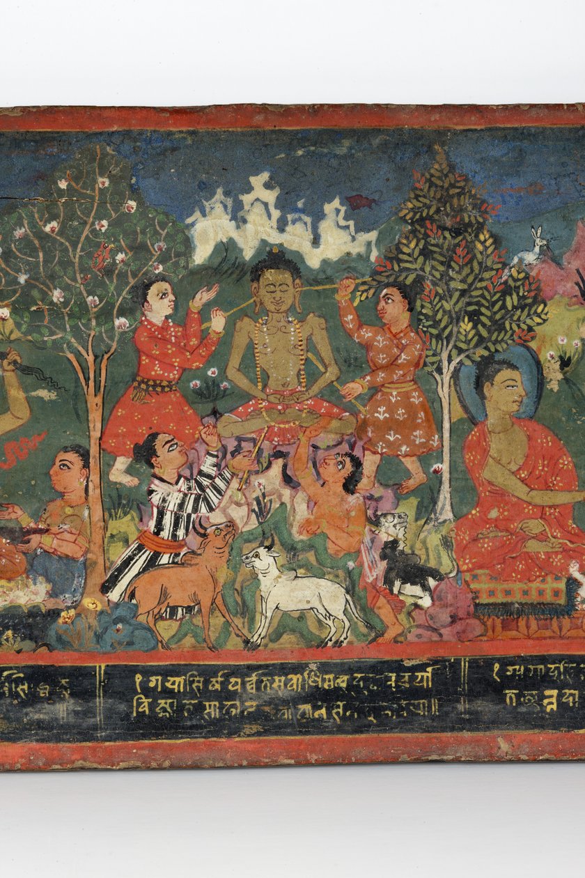 Detalj fra et buddhistisk manuskriptomslag (ugjennomsiktig wc på tre) av Nepalese School