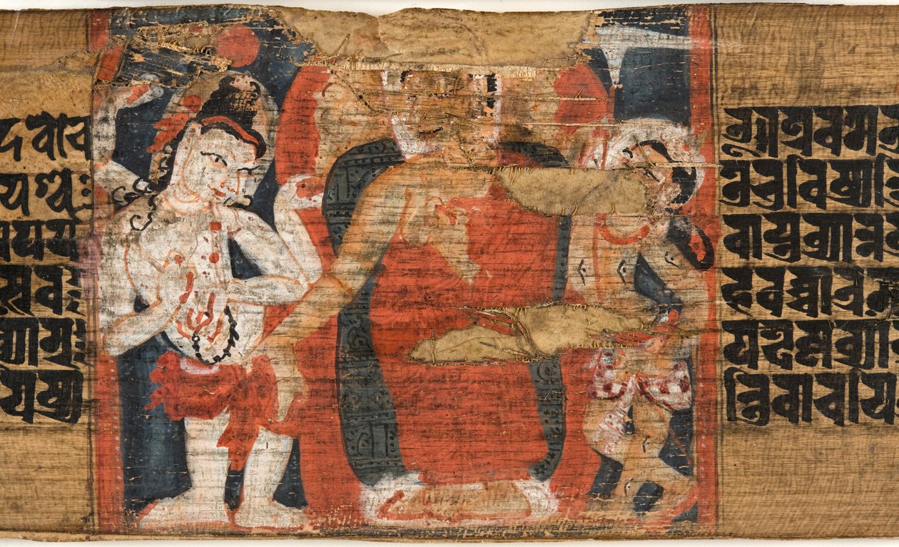 Folio 126b Buddhas Nedstigning fra himmelen, fra Astasahasrika Prajnaparamita (blekk og farger på palmeblader og tre) (detalj av 430762) av Nepalese School