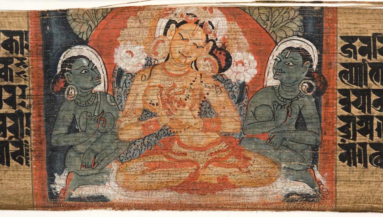 Folio 2r Goddess Prajnaparamita, fra Astasahasrika Prajnaparamita (blekk og farger på palmeblader og tre) (detalj av 430760) av Nepalese School