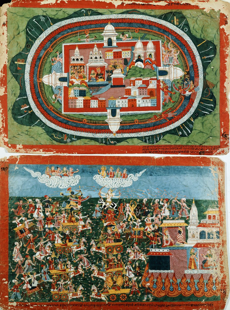 Krishna angriper det uinntagelige slottet i Prag-jyoshita, for å gjenopprette øreringene til Aditi, ca. 1775 av Nepalese School