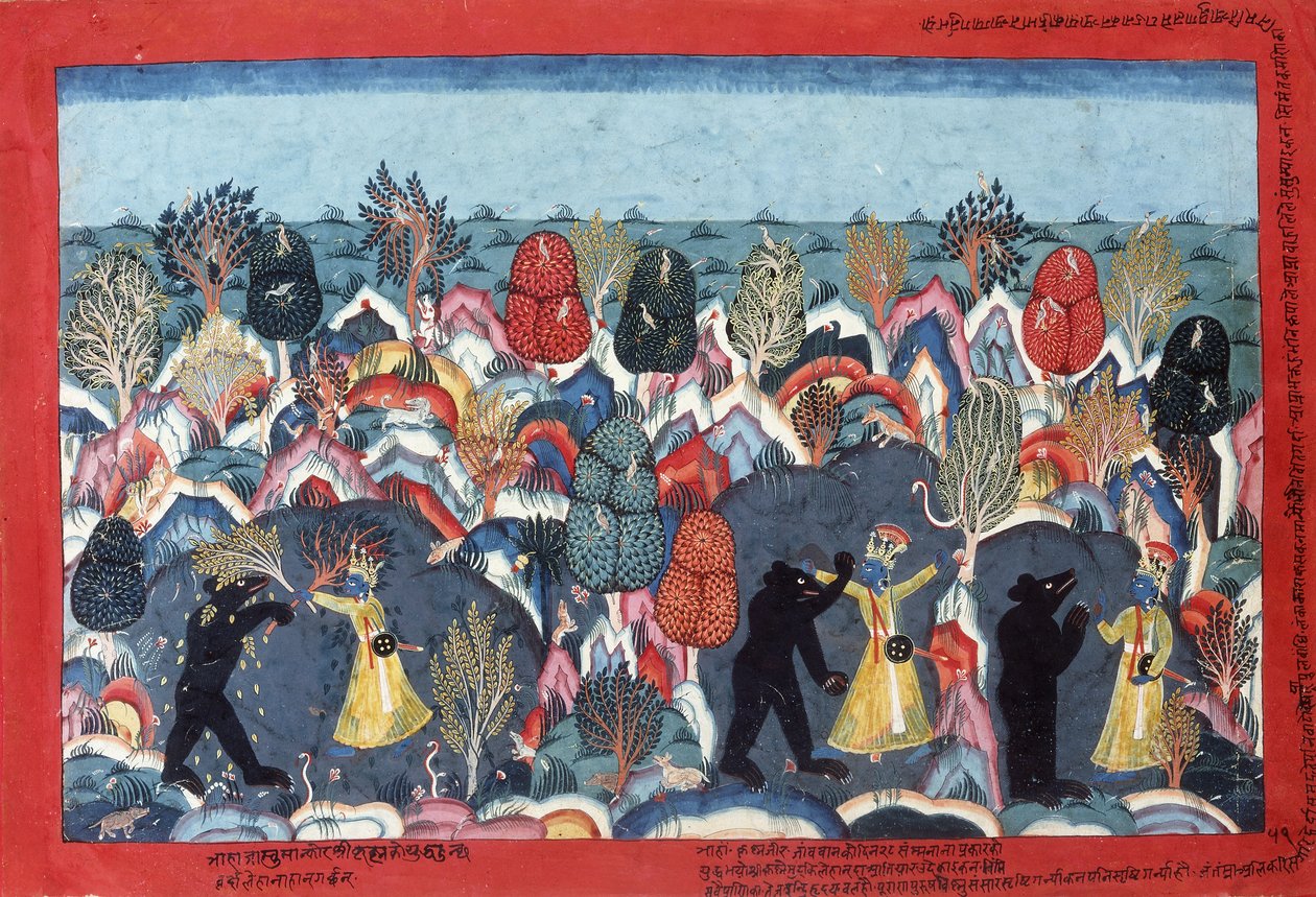 Krishna Fighting Jambavata, King of the Bears, ca. 1775 av Nepalese School