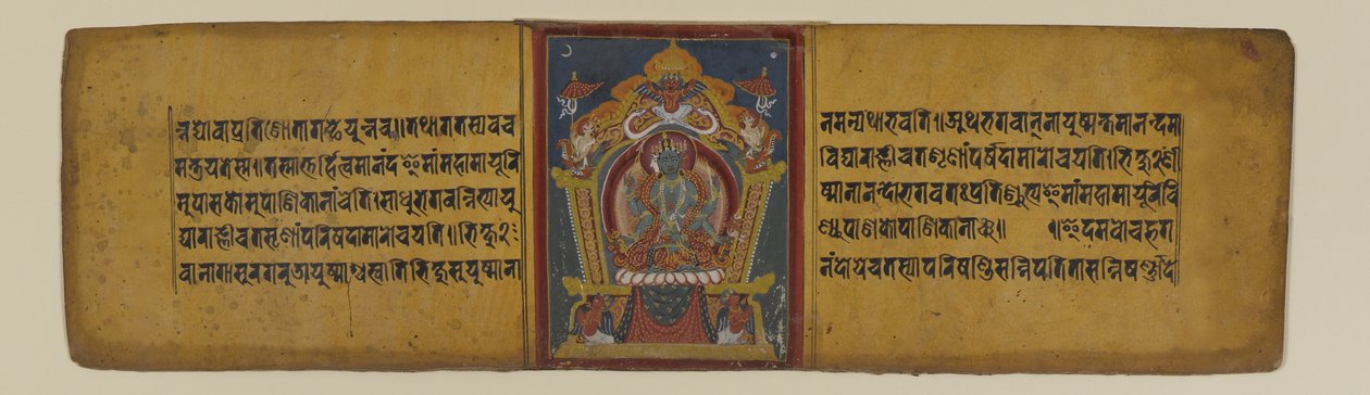 Side fra et buddhistisk manuskript som viser en av Pancharaksha-gudinnene, 16-1600-tallet (blekk og akvarell på papir) av Nepalese School