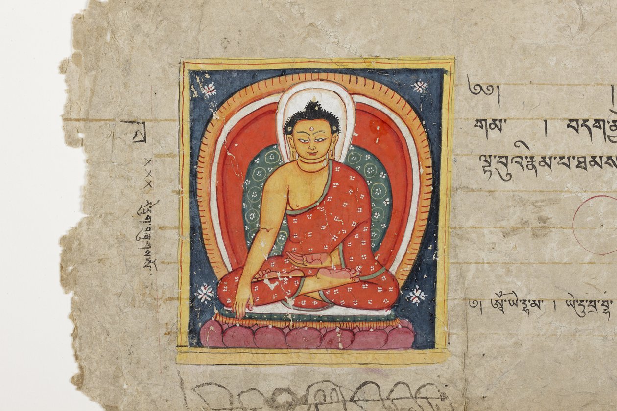 Side fra et buddhistisk manuskript, muligens fra Mahashitalanika, ca. 1400 (ugjennomsiktig akvarell og blekk på papir) av Nepalese School