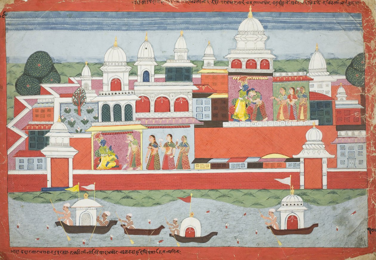 Rukmini søker Krishnas tillatelse til å besøke sin bror Rukma, side fra et manuskript av Bhagavata Purana, ca. 1775 av Nepalese School