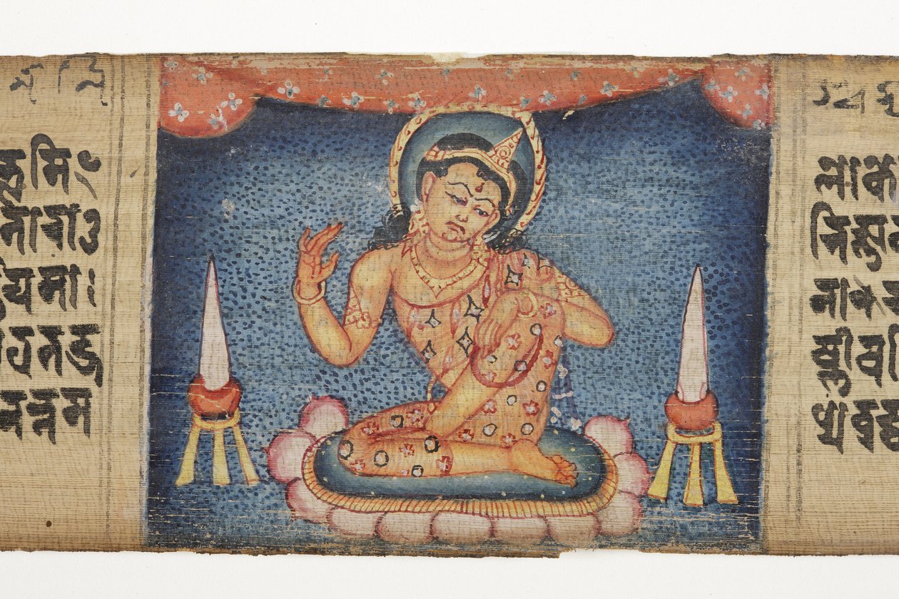 Sittende Bodhisattva, fra Gandavyuha (ugjennomsiktig wc og blekk på palmeblad) av Nepalese School