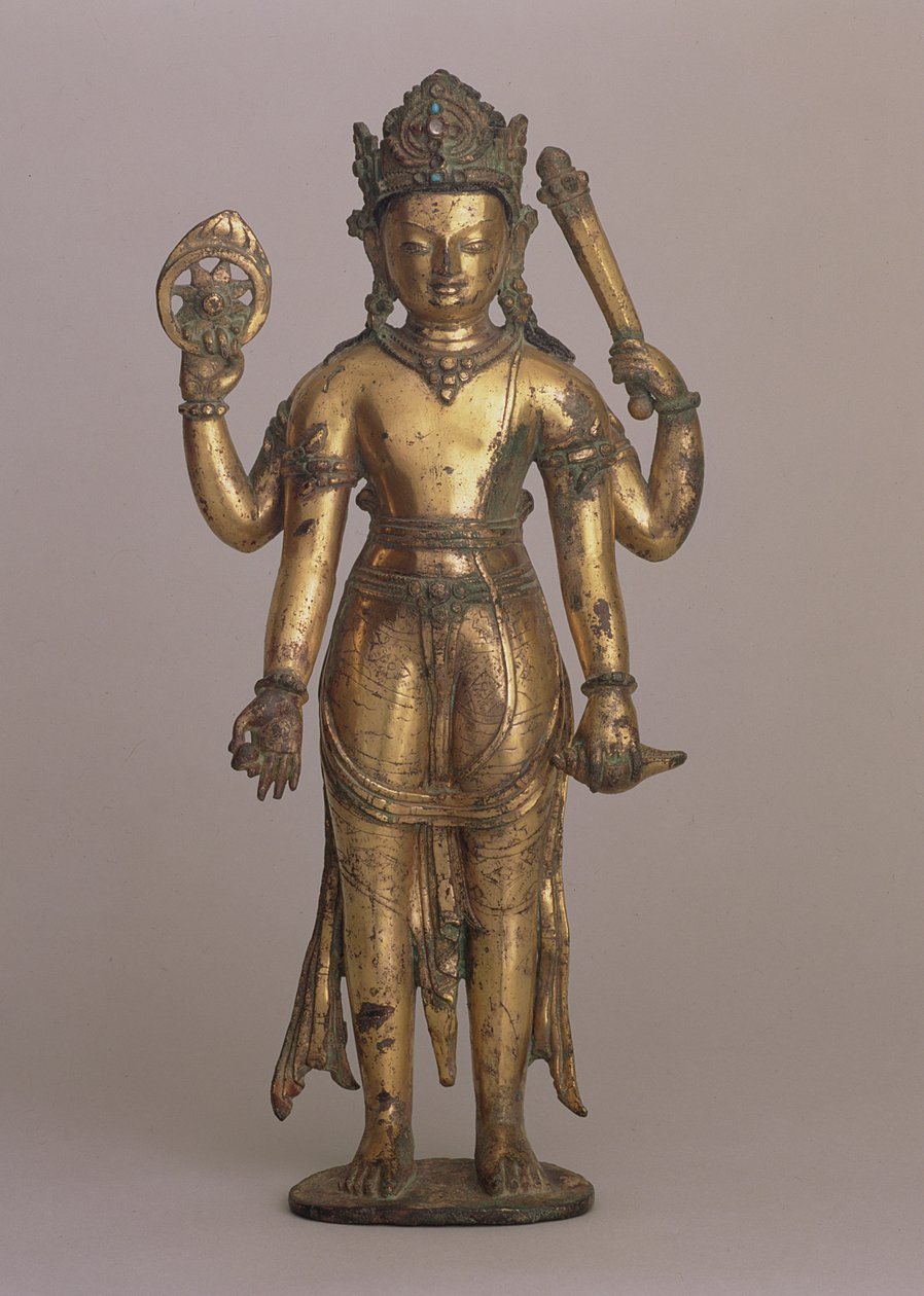 Statuett av den hinduistiske guden Vishnu, ca. 1200 (høykobber bronse, innskåret, forgylt, satt med edelstener og malt) av Nepalese School