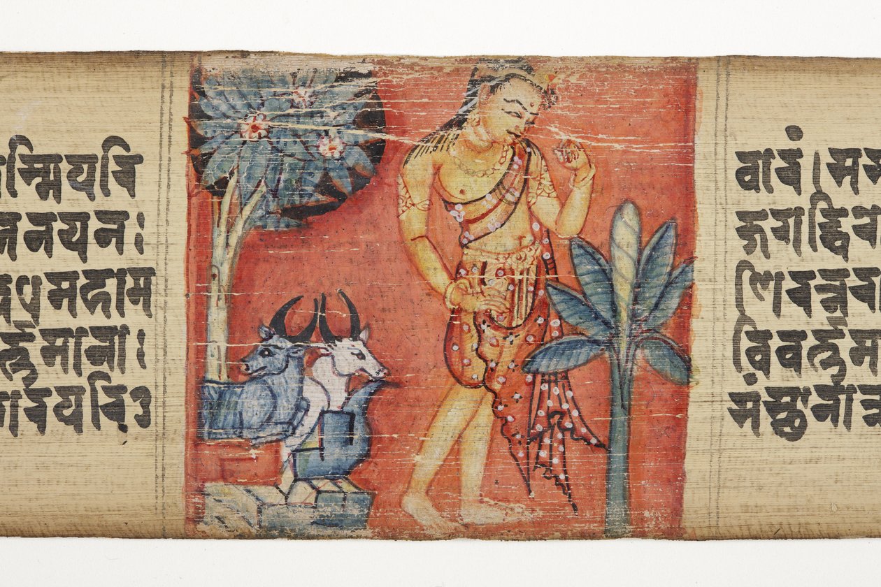 Sudhana reiser gjennom et steinete landskap med to okser, fra Gandavyuha (ugjennomsiktig wc og blekk på palmeblad) av Nepalese School