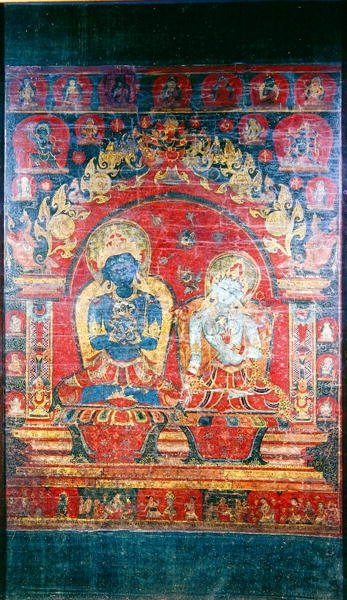 Thangka-maleri som viser Adibuddha Vajradhara (gouache på silke) av Nepalese School