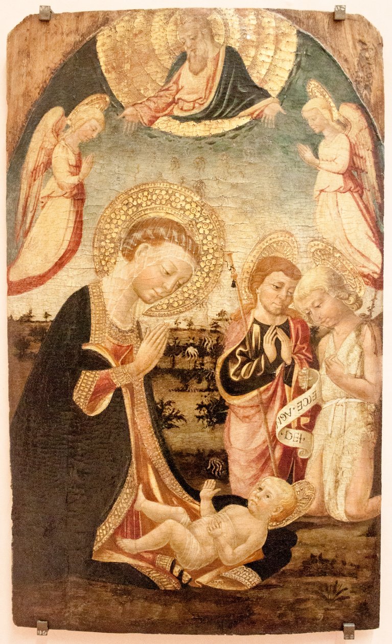 Tilbedelse av barnet med jomfruen, San Giovannino, San Jacopo Maggiore, engler og Gud Faderen av Neri di Bicci