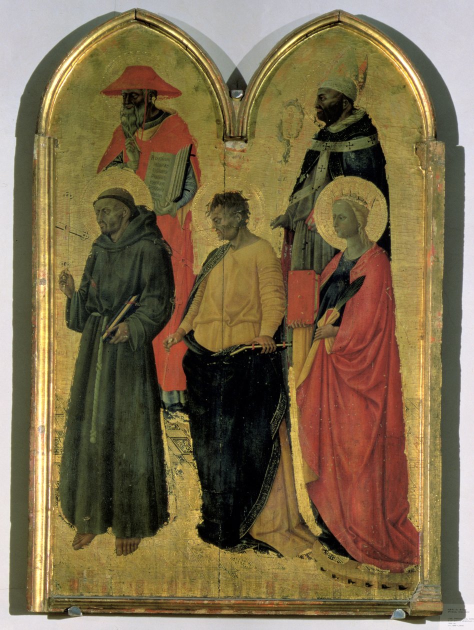 St. Francis, St. Hieronymus, St. Philip, St. Catherine og en biskopshelgen, ca. 1444 (tempera på panel) av Neri di Bicci