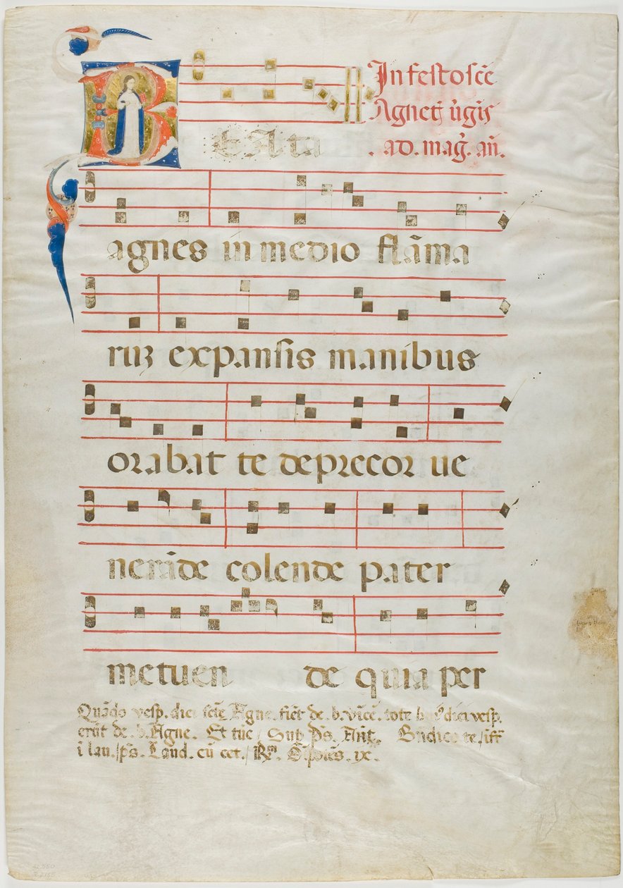 Saint Agnes i en historisk initial "V" fra et antifonarium av Neri da Rimini