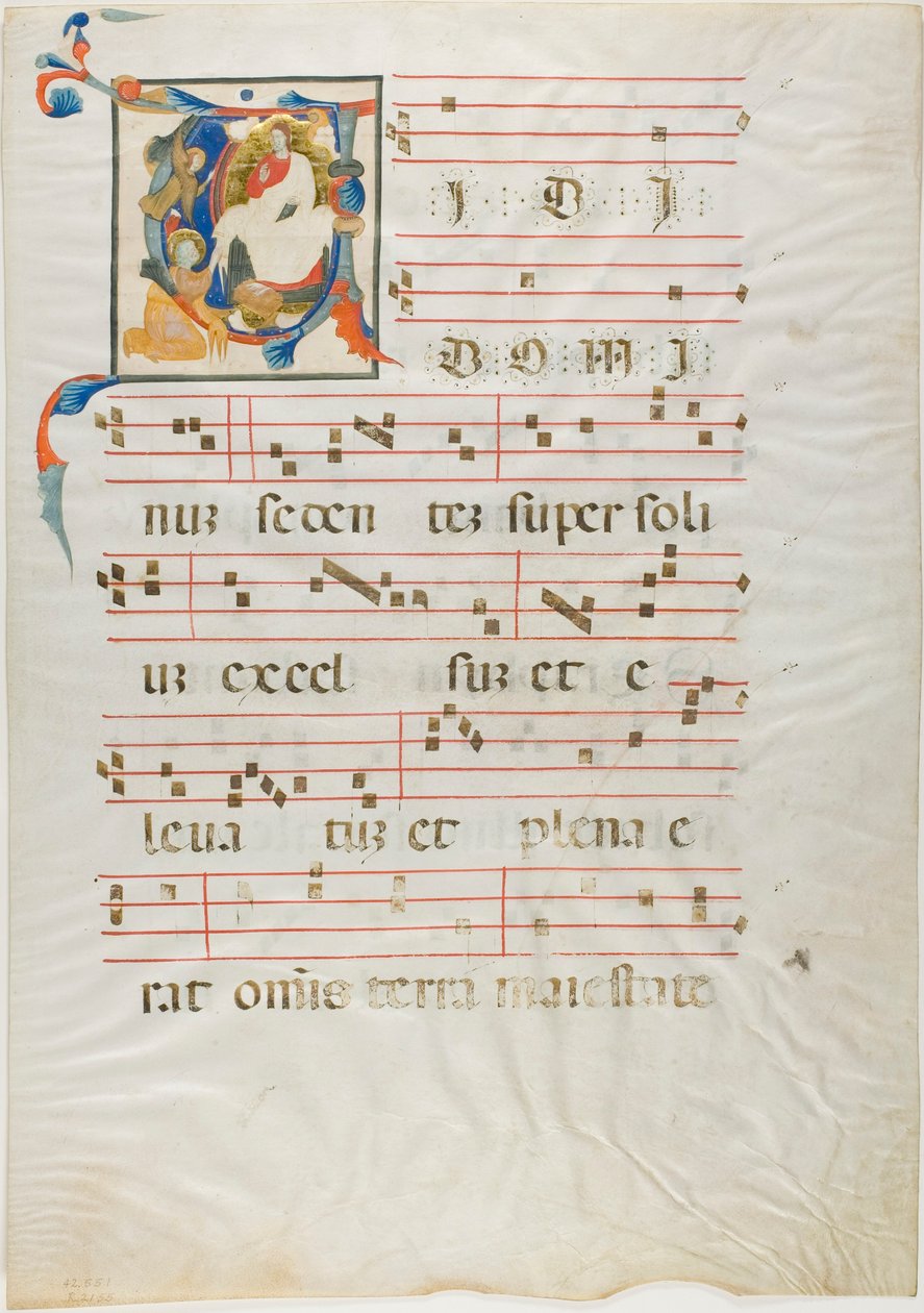 Den hellige som kneler foran Gud tronet i en historisk initial "V" fra et antifonarium av Neri da Rimini