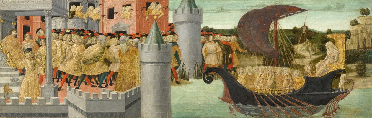 Cleopatras besøk til Antony, ca. 1475-1480 (tempera, gull og sølv bly på panel) av Neroccio di Landi