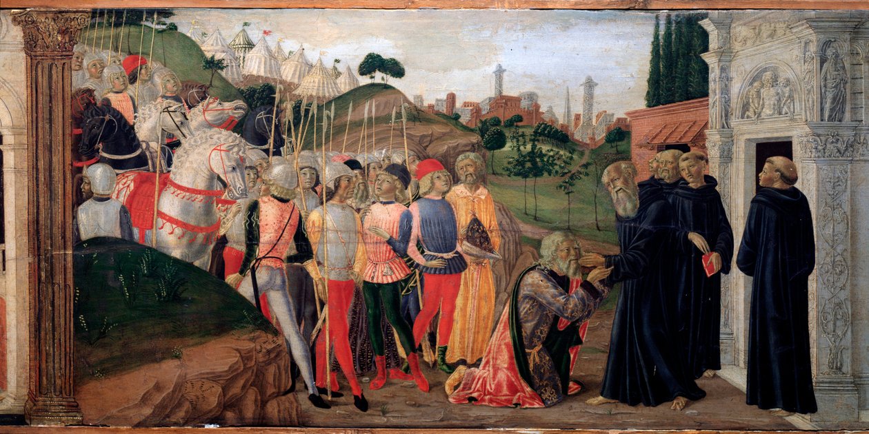 Totila, østgoternes konge på besøk hos Benedikt av Nursia - Detalj av Predelle, ca. 1470 av Neroccio di  Landi