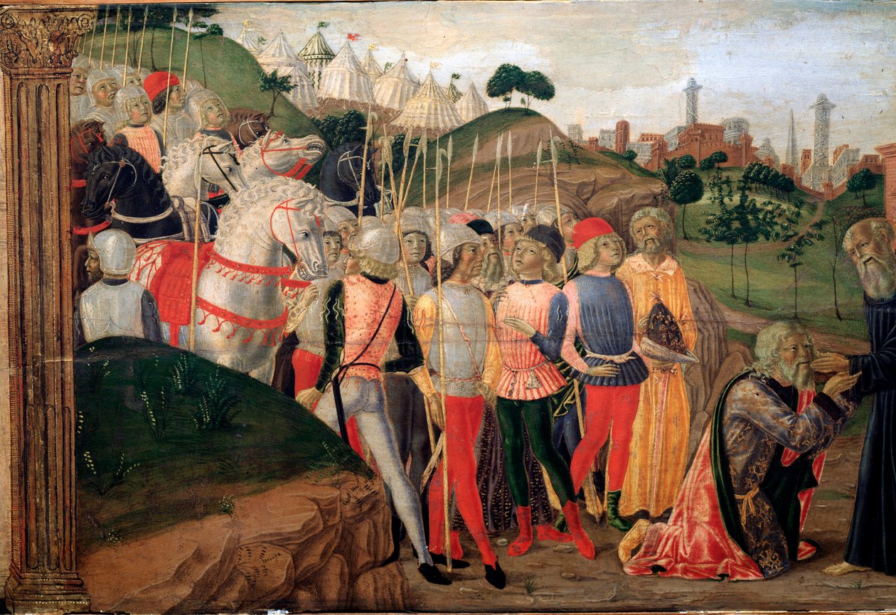 Totila, østgoternes konge på besøk hos Benedikt av Nursia - Detalj av Predelle, ca. 1470 av Neroccio di  Landi