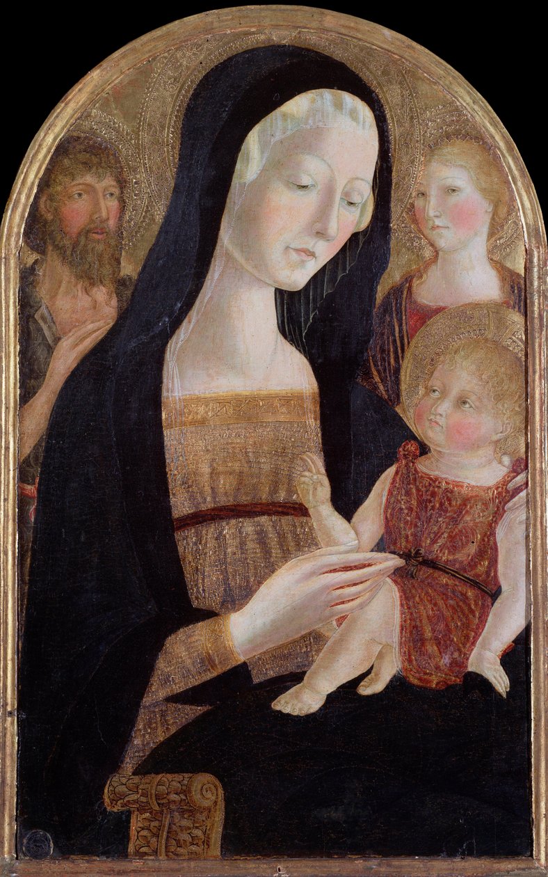 Jomfru med barn og helgener døperen Johannes og Maria Magdalena - Maleri, ca 1470 av Neroccio di  Landi