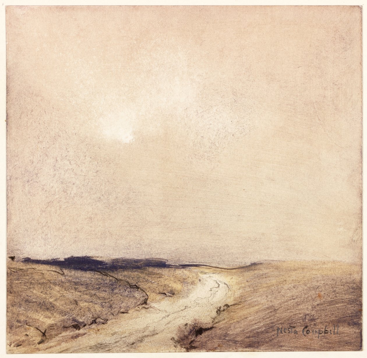 Yorkshire Moorland (blyant og akvarell på papir limt på kort) av Nesta Jennings Campbell