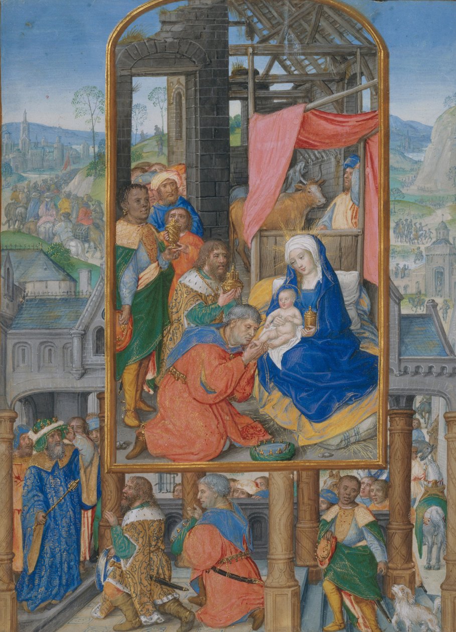 Manuskriptbelysning med tilbedelse av magiene, ca. 1515-25 (tempera, blekk og gull på pergament) av Netherlandish School