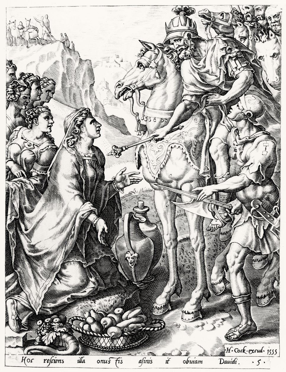 Ofringen av Abigail til kong David, gravert av Hieronymus Cock (ca. 1510-70) 1555 av Netherlandish School