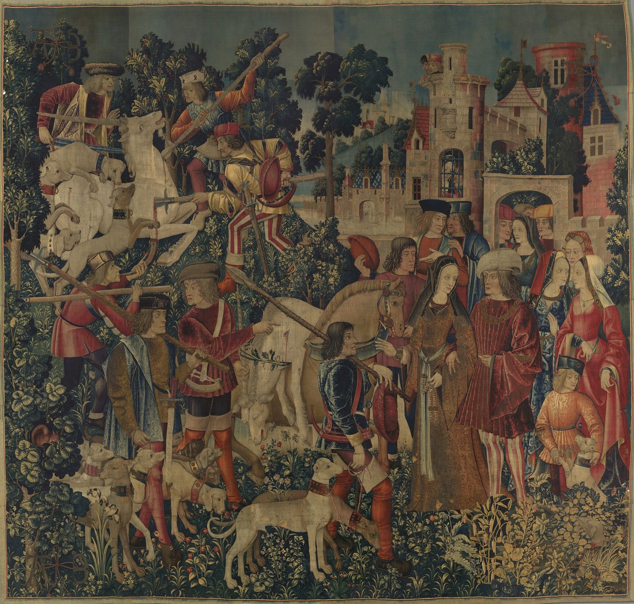 Enhjørningen blir drept og brakt til slottet, ca. 1500 (ullvarp med ull, silke, sølv og forgylt innslag) av Netherlandish School