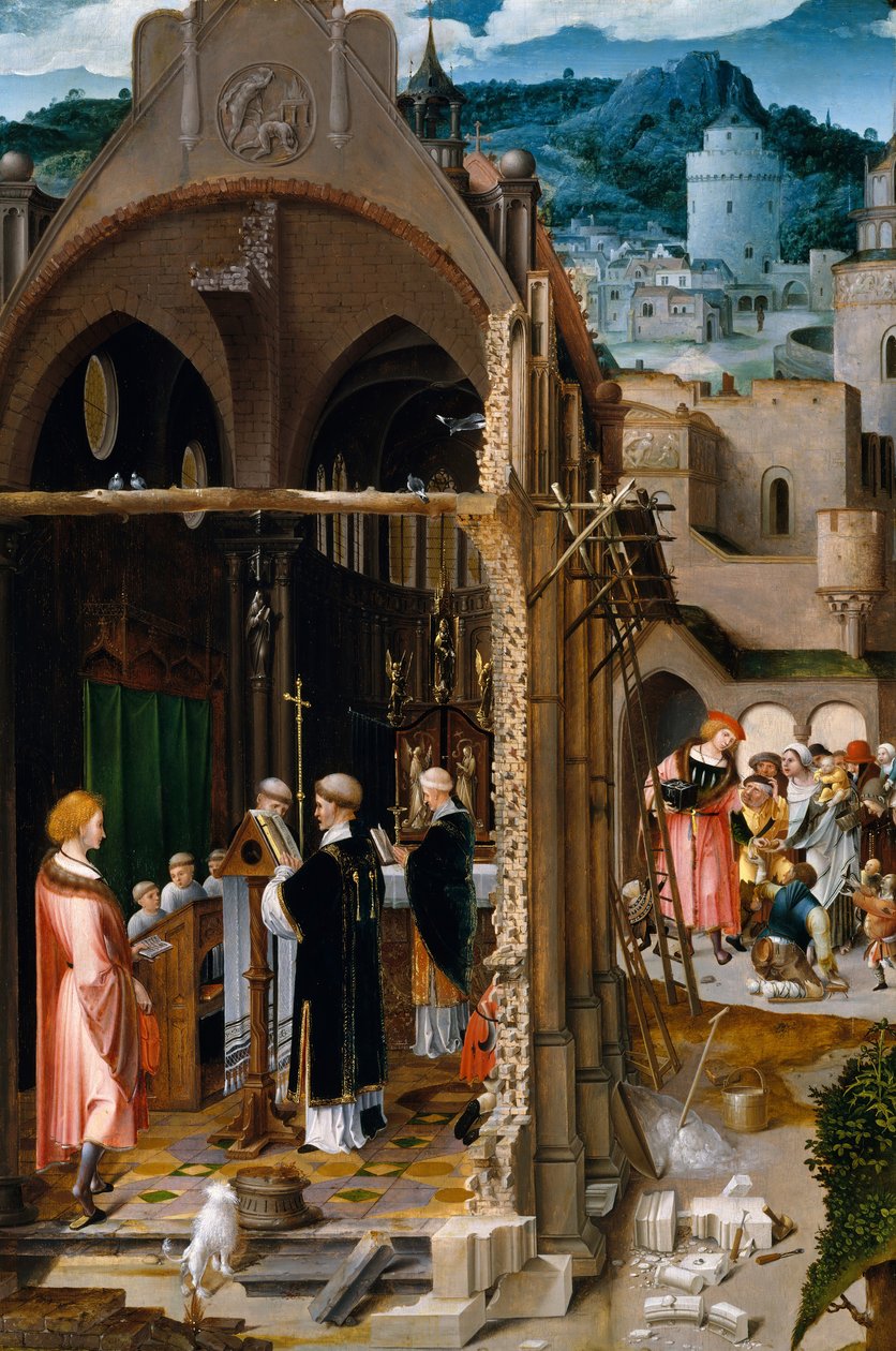 En preken om veldedighet, muligens omvendelsen av Saint Anthony. av Netherlandish