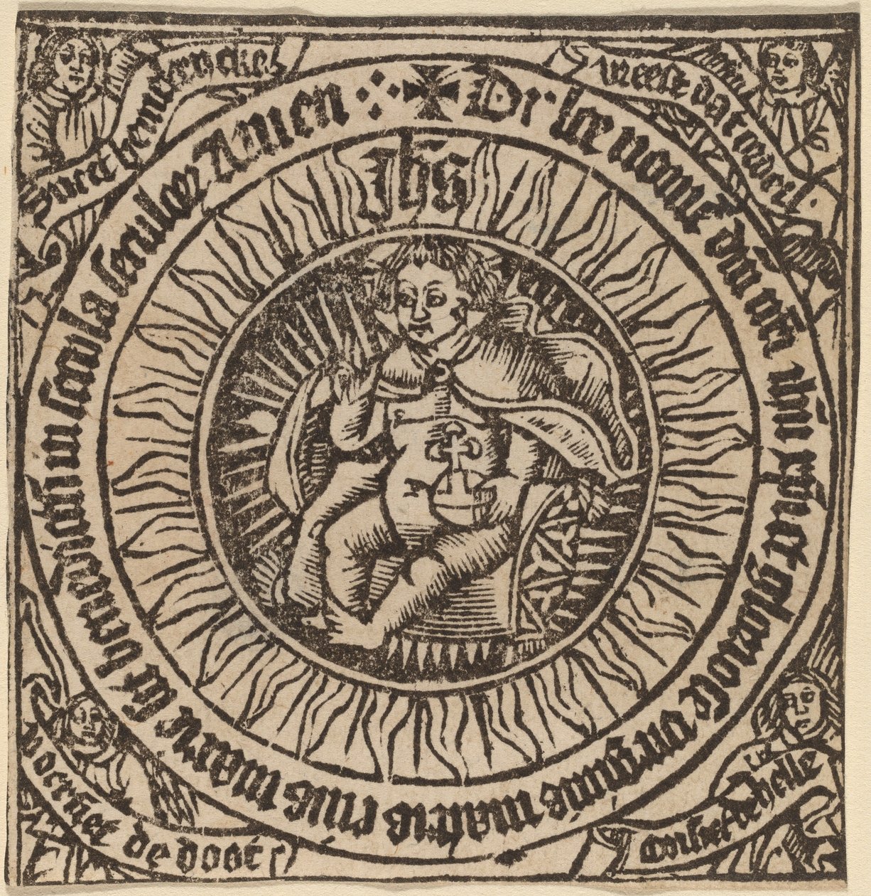 Guddommelig spedbarn med kloden i en sirkel med fire engler av Netherlandish 15th Century