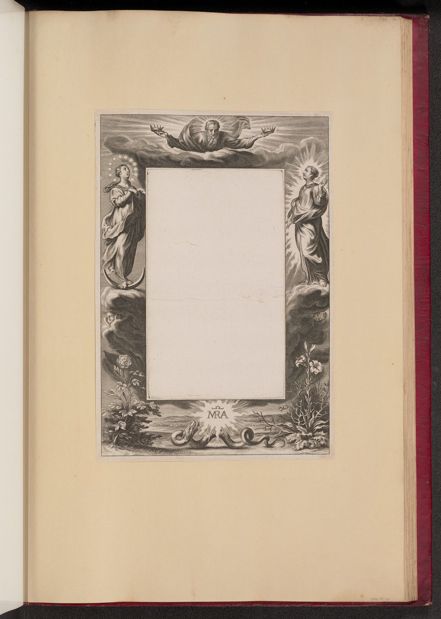 Grenseillustrasjon med Gud Faderen, to hellige og en slange av Netherlandish 17th Century