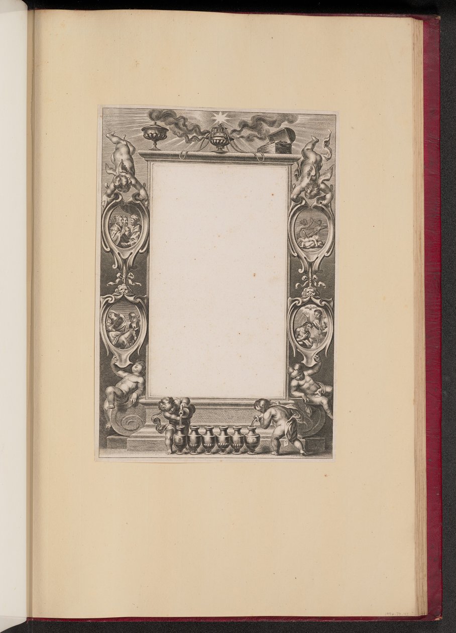 Borderillustrasjon med scener fra Kristi liv og Putti som skjenker vin av Netherlandish 17th Century