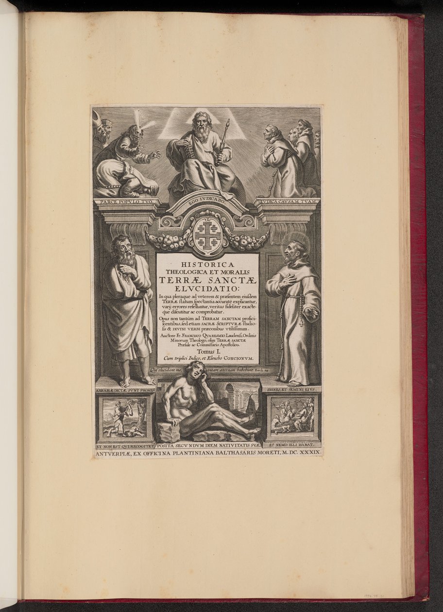Tittelside for Franciscus Aguilonius, Historisk teologisk og moralsk utryddelse av det hellige land av Netherlandish 17th Century after Sir Peter Paul Rubens