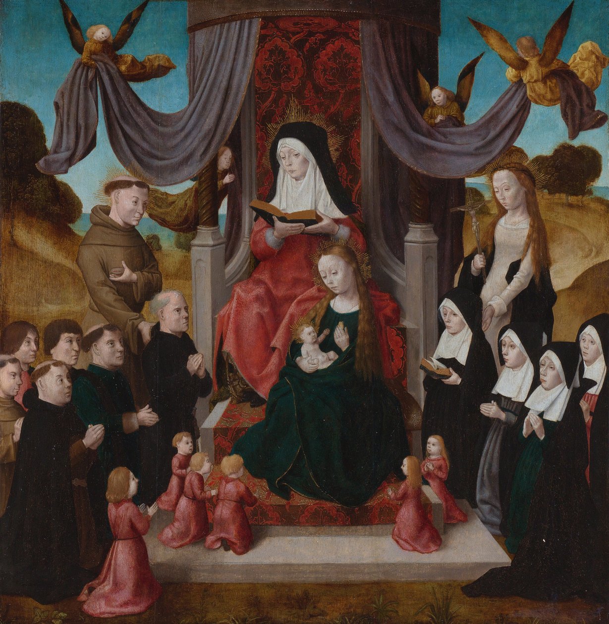 Jomfruen og barnet med den hellige Anne Anna Selbdritt, de hellige Francis, Lidwina og givere, ca. 1490-1 av Netherlandish Master