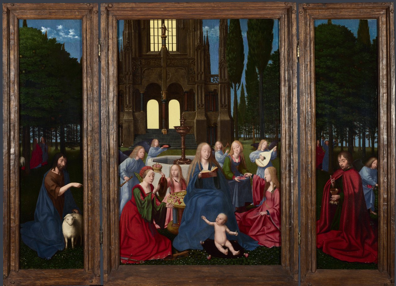 Jomfruen og barnet med hellige og engler i en hage, ca. 1500 av Netherlandish Master