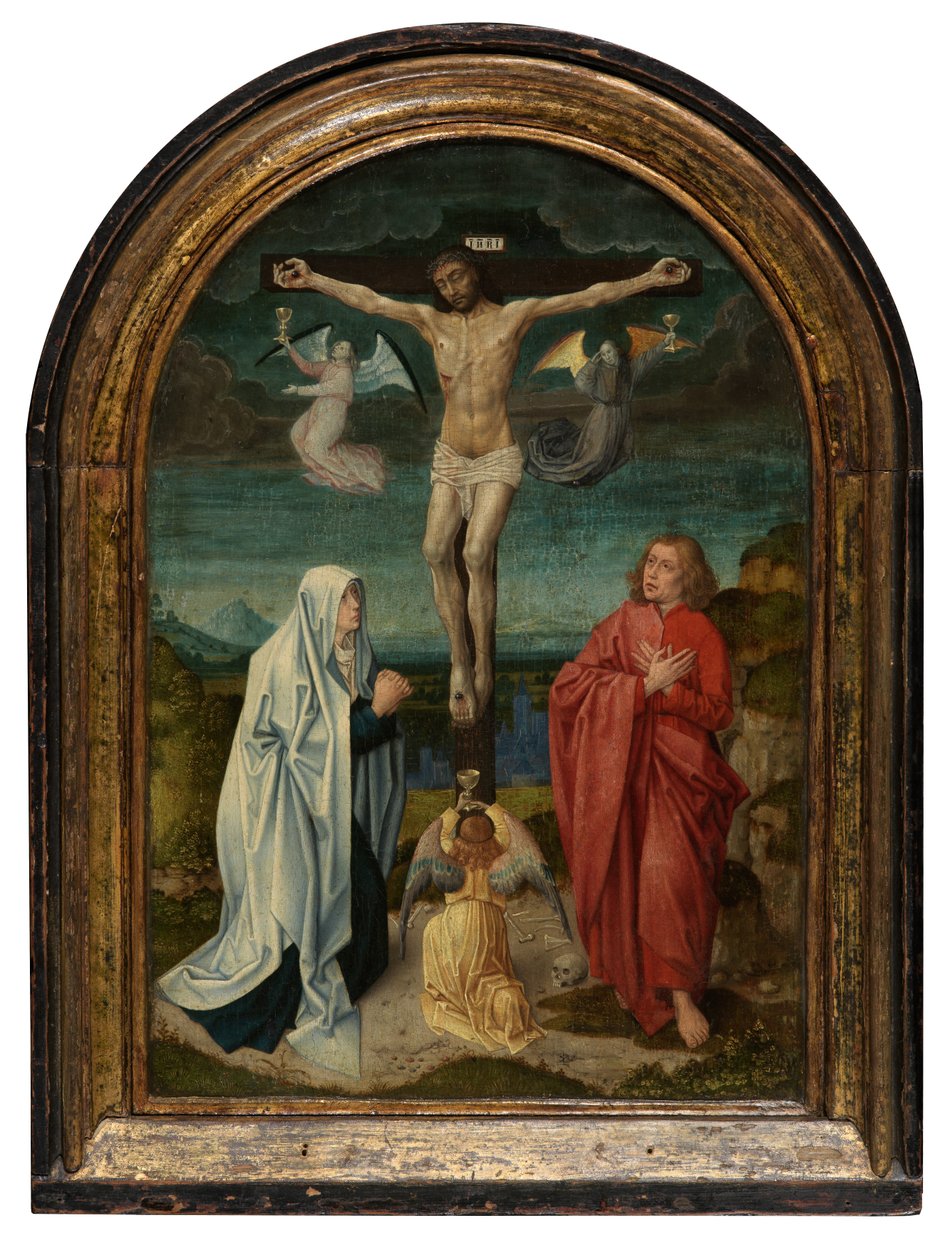 Golgata: Kristus på korset mellom den hellige jomfru og Johannes (olje på panel) av Netherlandish School
