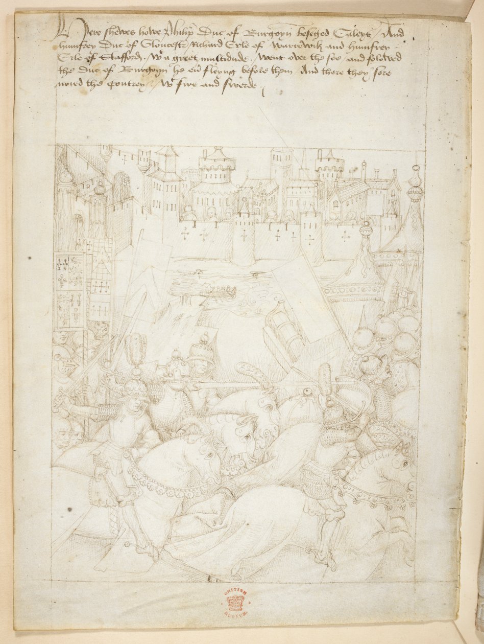 Bomull Julius E. IV, art. 6, 'Beauchamp Pageants', ca. 1483 (blekk på vellum) av Netherlandish School
