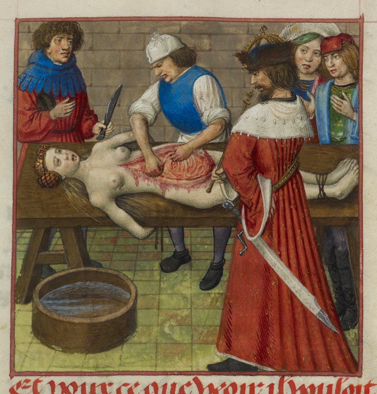 Harley 4425 f.59 Nero ser på mens moren Agrippina blir dissekert, illustrasjon fra 