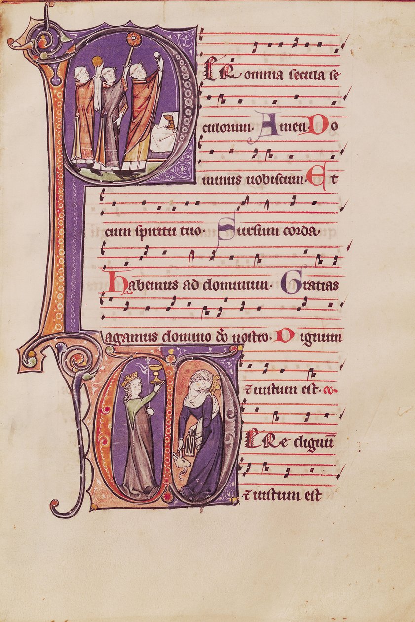 Historiske initialer P som viser vertens høyde og D som viser kirken og synagogen, fra et missal fra klosteret St. Peter den store av Netherlandish School
