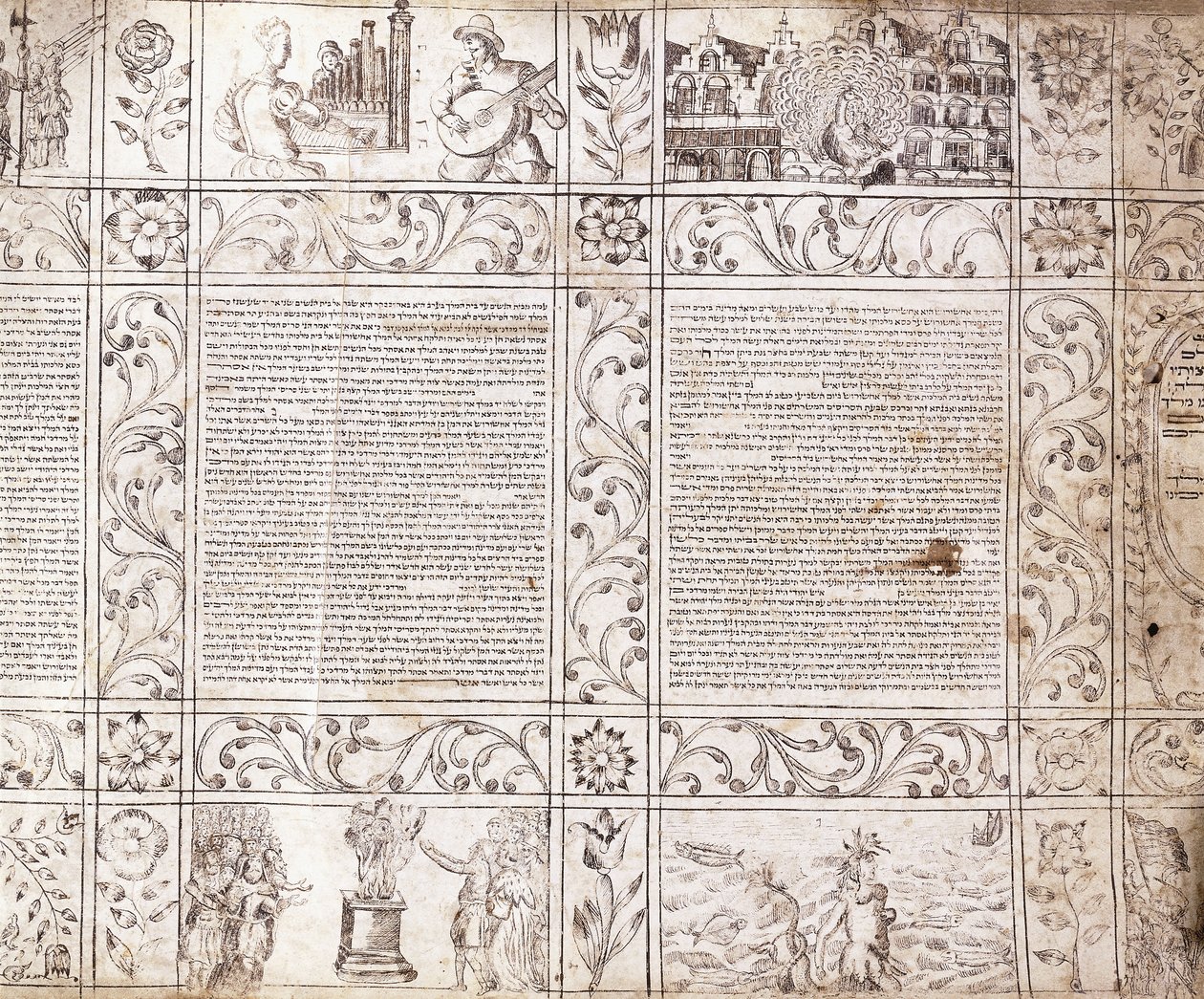 Opplyst manuskript i sefardisk skrift, som viser scener av nederlandsk liv og Bibelen med blomsterkartasjer, 1600-tallet av Netherlandish School
