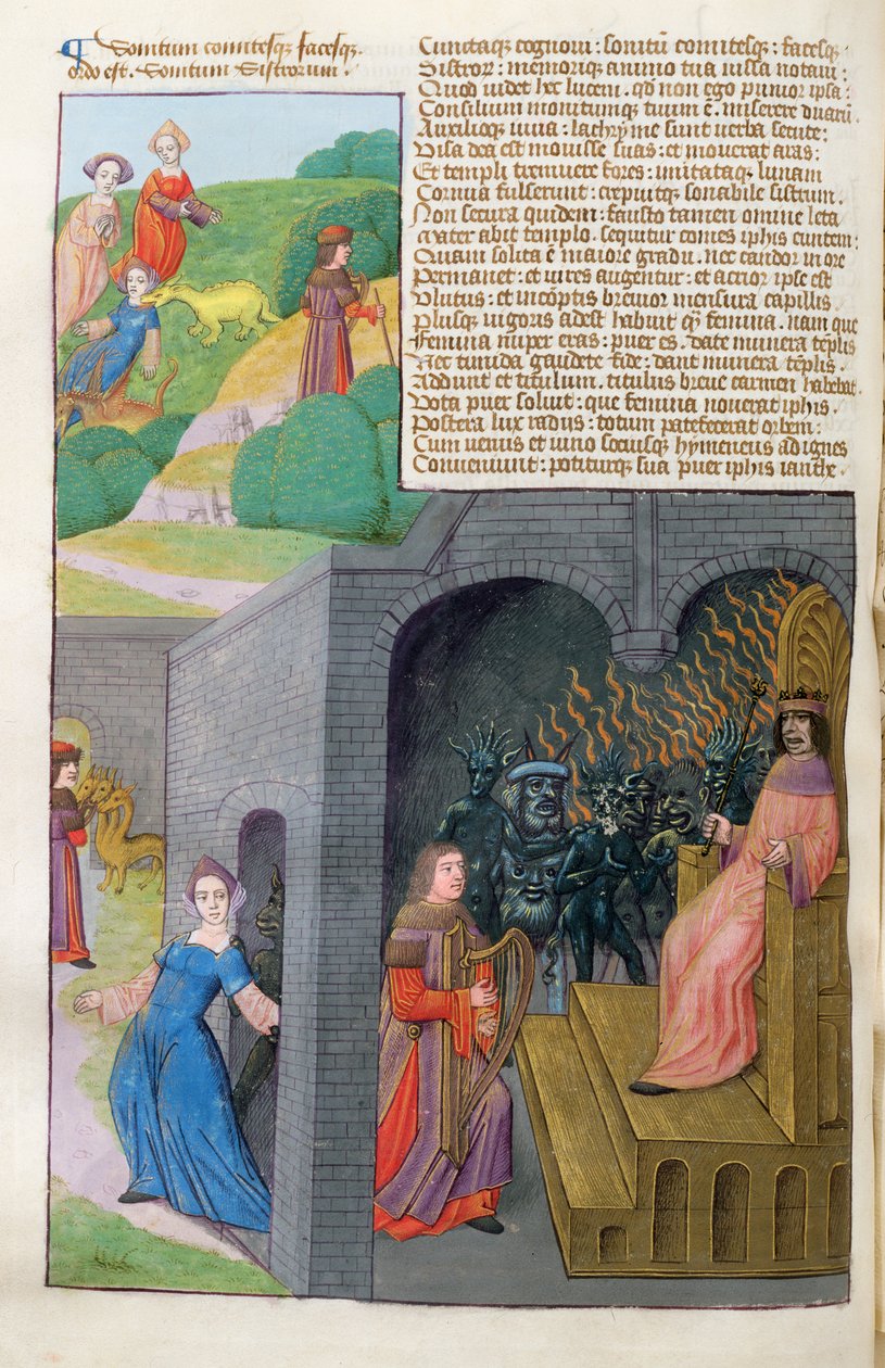 Ms 324 f.101 v. Orfeus og Eurydike, Cerberus og Pluto, fra Metamorphoses 10 av Ovid, 1479 av Netherlandish School