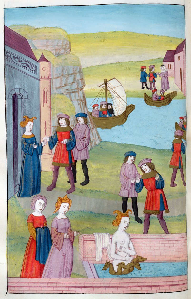 Ms 324 f.137 v. Scylla avviser Glaucus, Circes kjærlighetsdrikk deformerer Scylla, fra Metamorphoses 14 av Ovid, 1479 av Netherlandish School