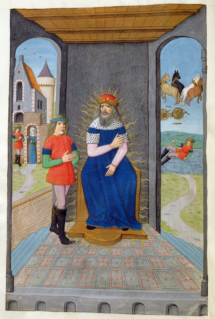 Ms 324 f.25 v. Phaeton låner en vogn av sin far og blir drept, fra Metamorphoses 2 av Ovid, 1479 av Netherlandish School