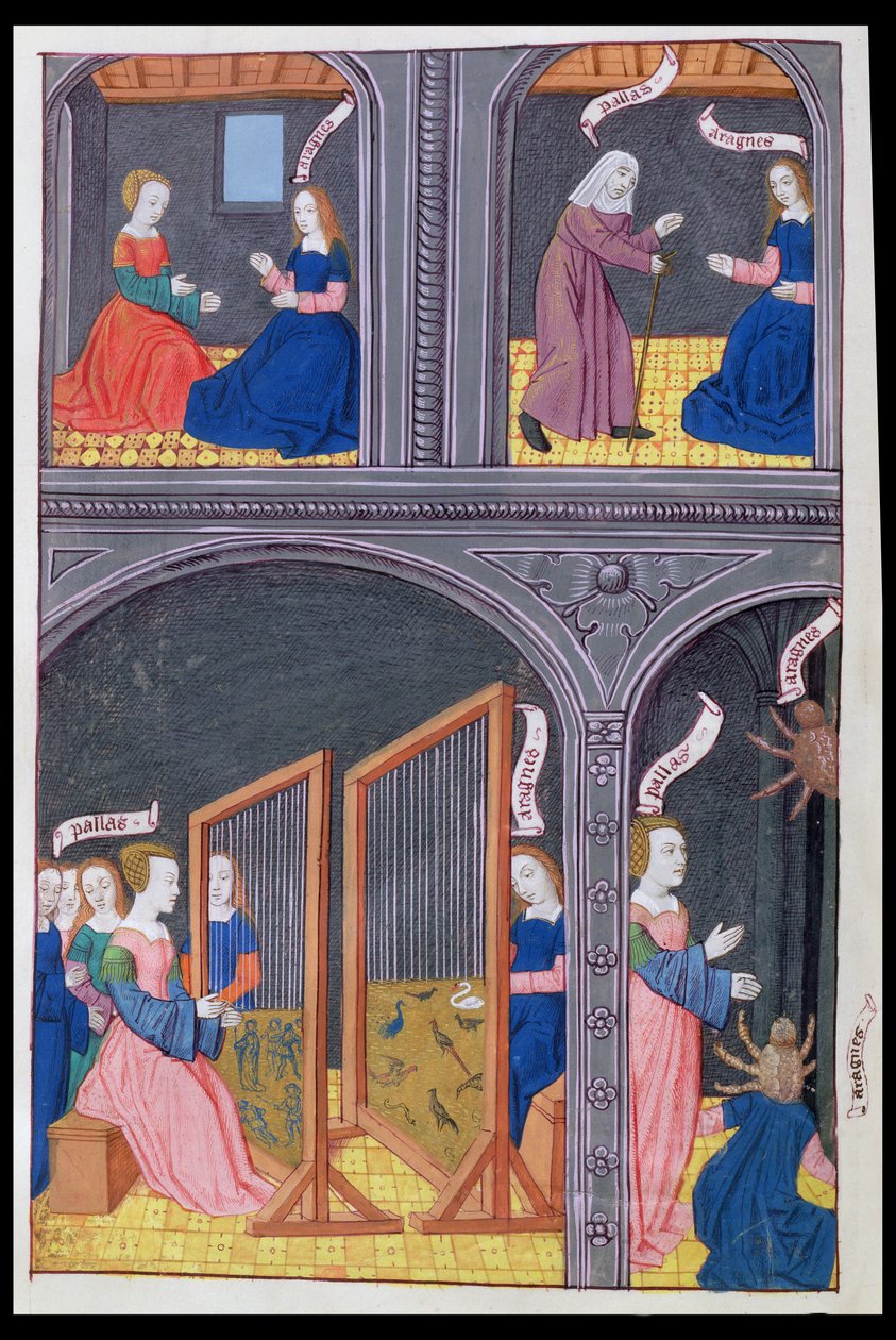 Ms 324 f.62 v. Arachne utfordrer Pallas og blir en edderkopp, fra Metamorphoses 6 av Ovid, 1479 av Netherlandish School