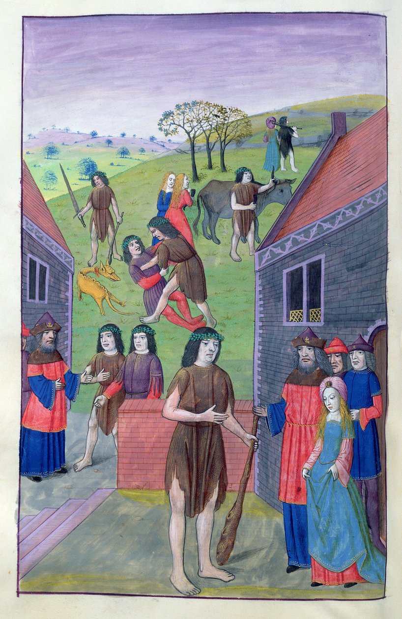 Ms 324 f.91 v. Hercules kjemper mot Achelous og tar oksen ved hornet, 1479 av Netherlandish School